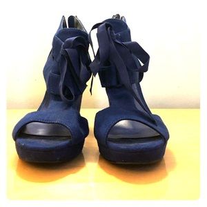 Blue Wedge Sandals with bow detail